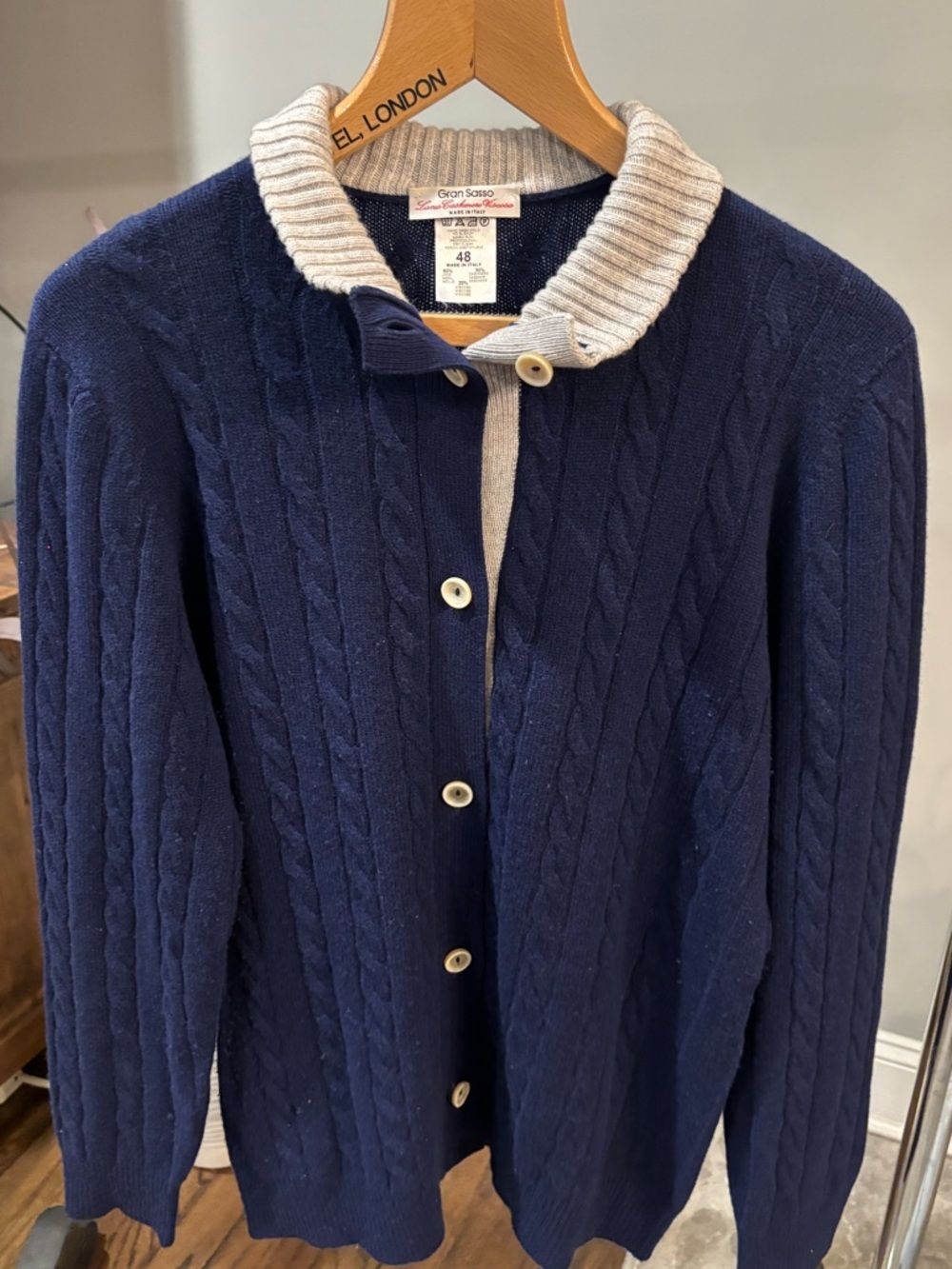 Gran Sasso Navy Cable Knit Cardigan with Cream Shawl Collar cashmere size 12/L